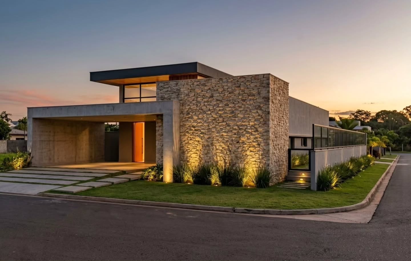 Projeto ARCD com fachada contemporânea em pedra natural, concreto e vidro ao entardecer